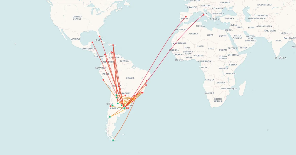 Aerolíneas Argentinas's international routes on a world map Aerolíneas Argentinas's international routes on a world map
