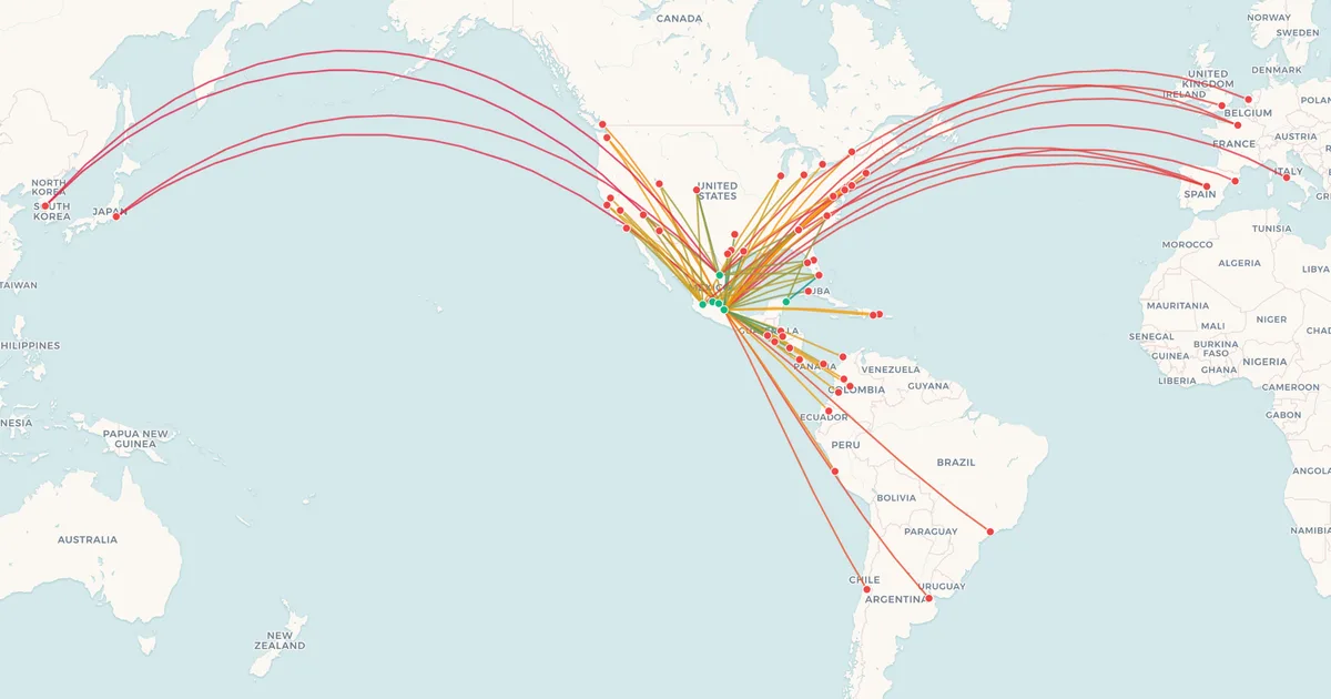 Aeroméxico's international routes on a world map Aeroméxico's international routes on a world map