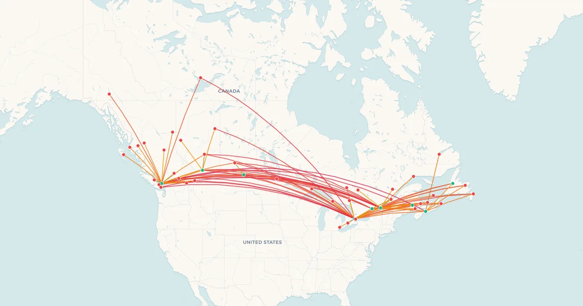 Air Canada's domestic routes on a map Air Canada's domestic routes on a map