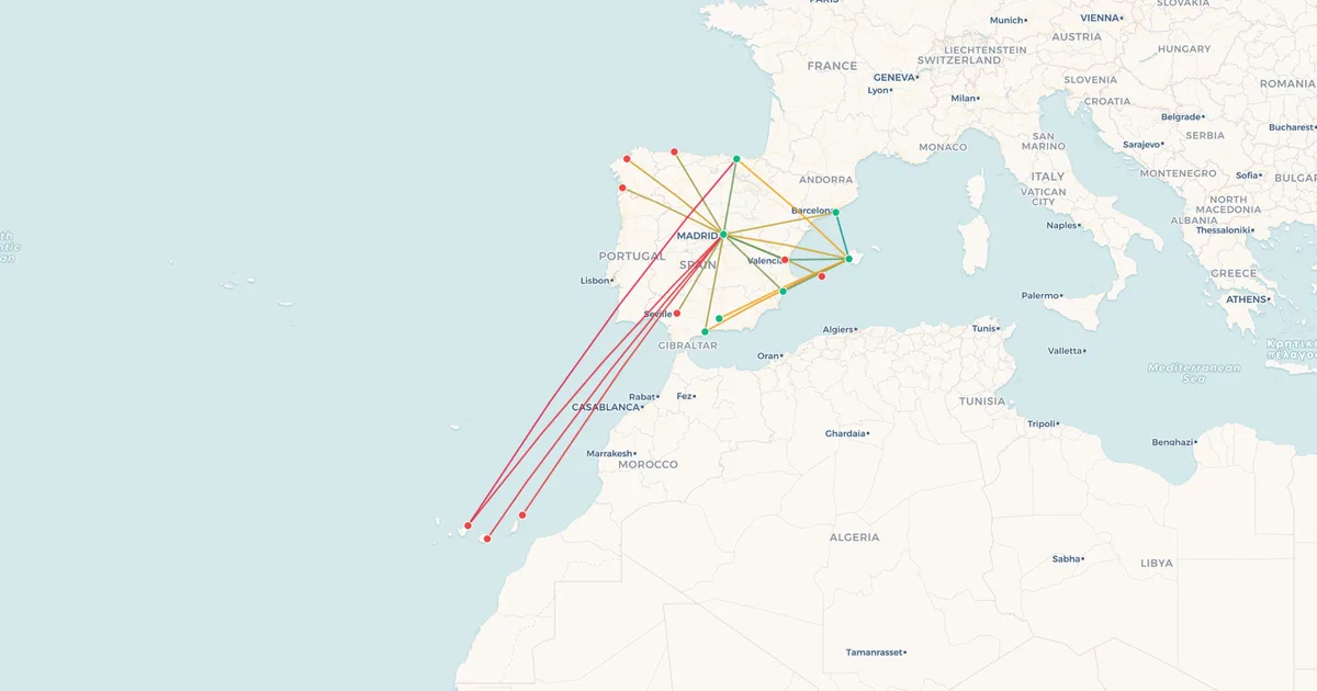 Air Europa's domestic routes on a map Air Europa's domestic routes on a map