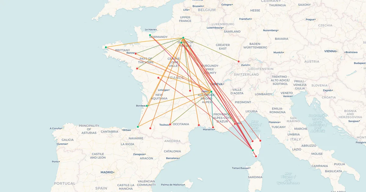Air France's domestic routes on a map Air France's domestic routes on a map