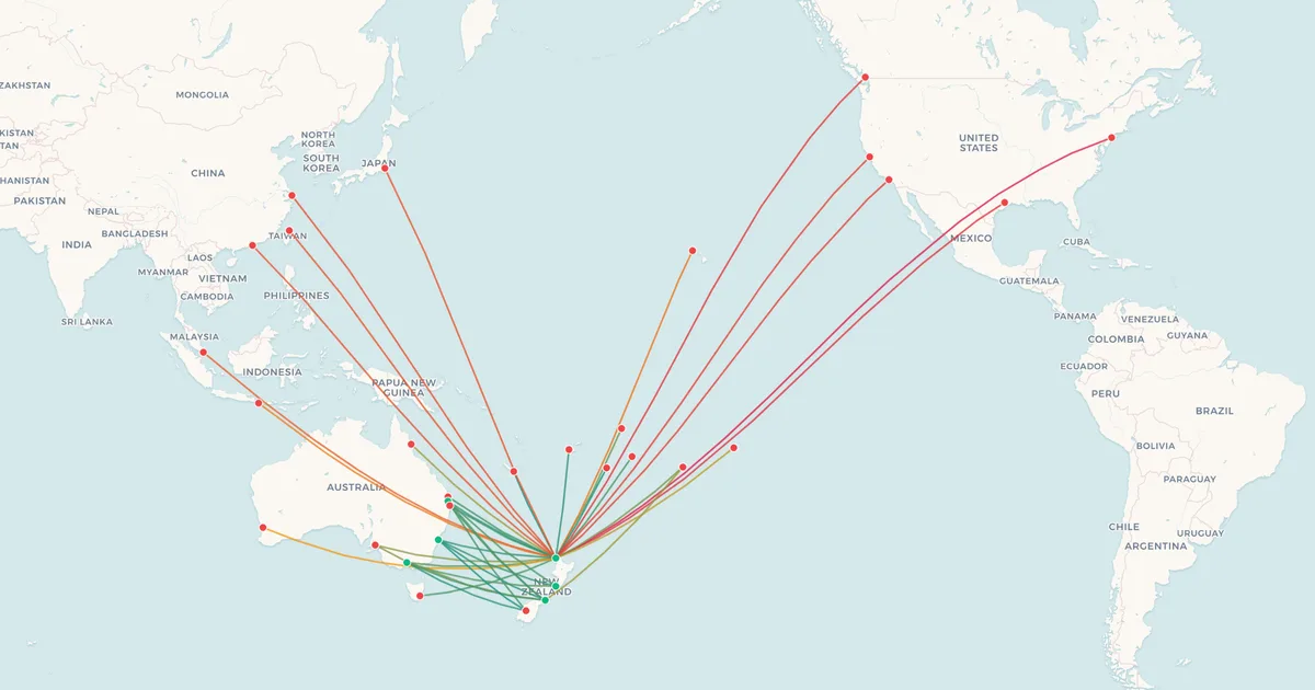 Air New Zealand's international routes on a world map Air New Zealand's international routes on a world map