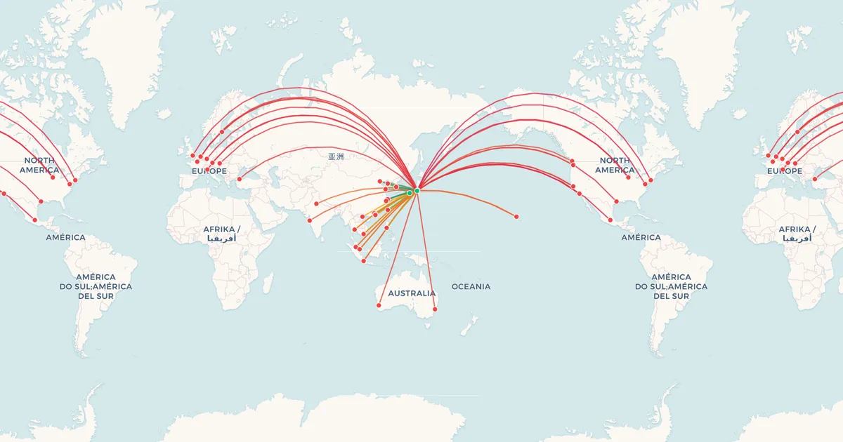 ANA (All Nippon Airways)'s international routes on a world map ANA (All Nippon Airways)'s international routes on a world map