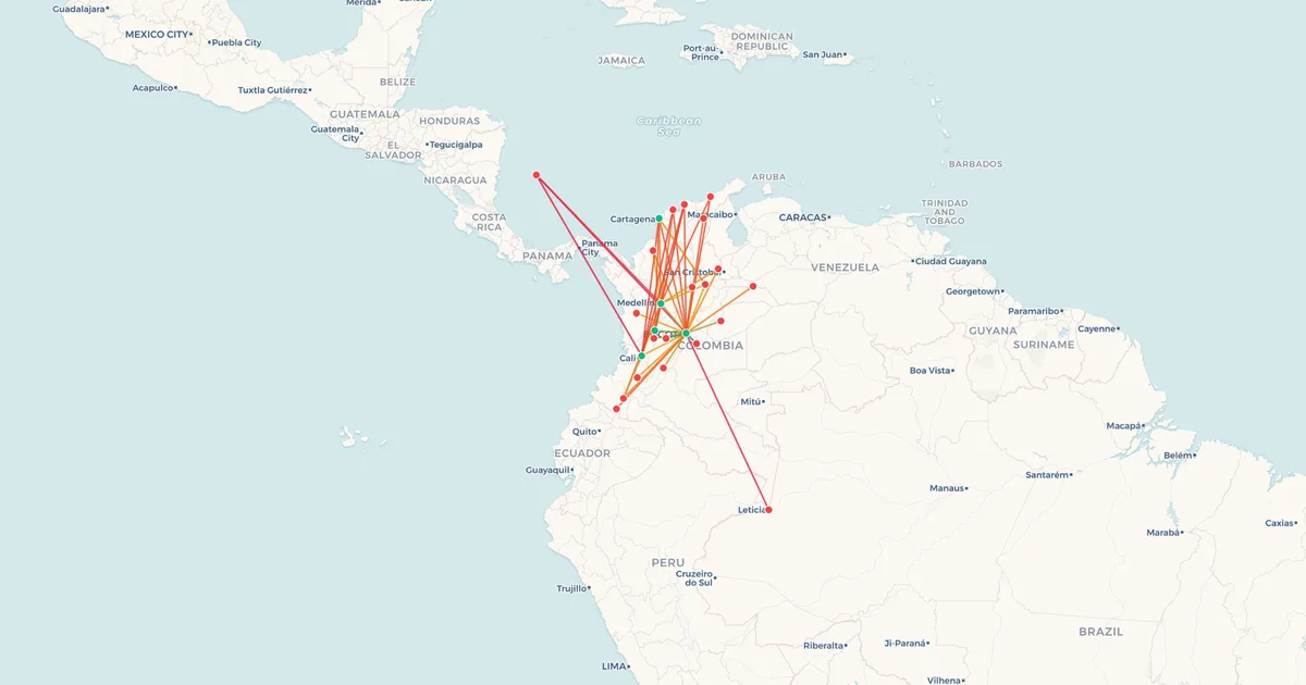 Avianca's domestic routes on a map Avianca's domestic routes on a map