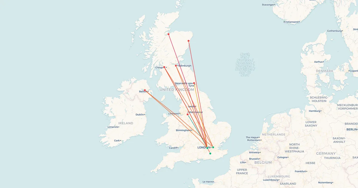British Airways's domestic routes on a map British Airways's domestic routes on a map