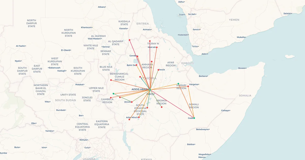 Ethiopian Airlines's domestic routes on a map Ethiopian Airlines's domestic routes on a map