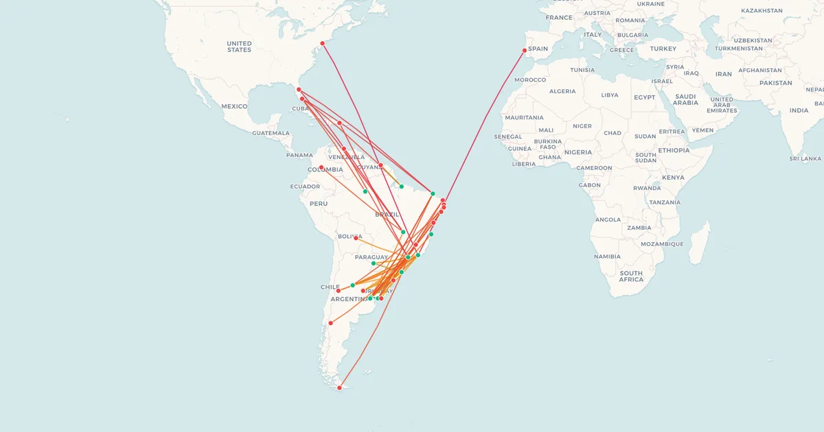 GOL Linhas Aéreas's international routes on a world map GOL Linhas Aéreas's international routes on a world map