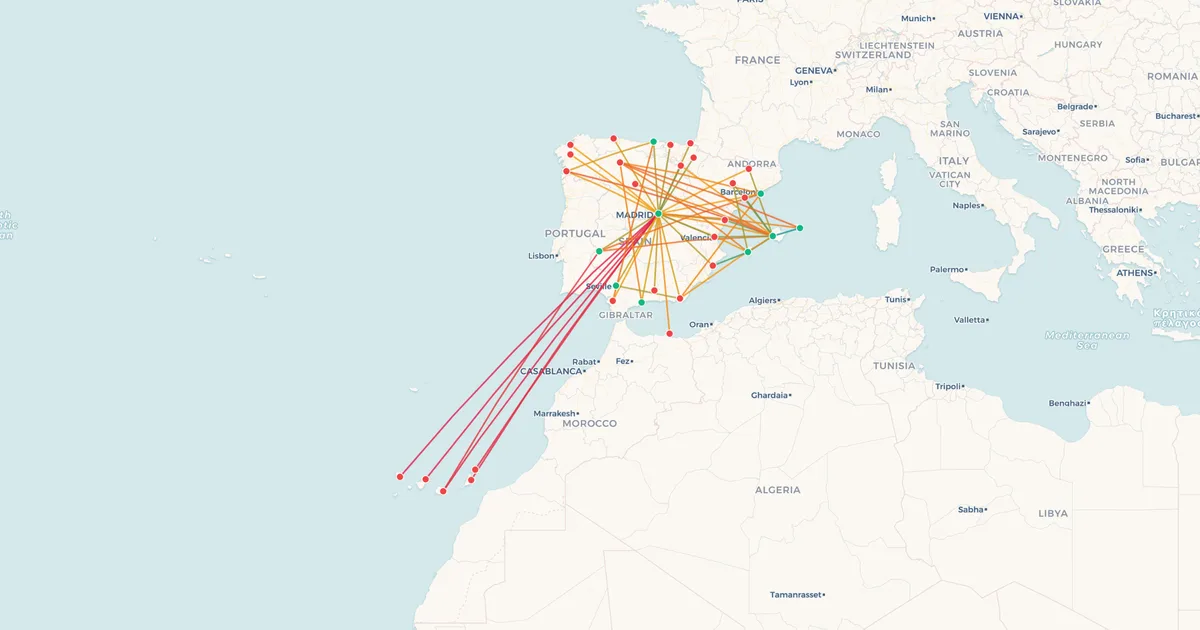 Iberia's domestic routes on a map Iberia's domestic routes on a map