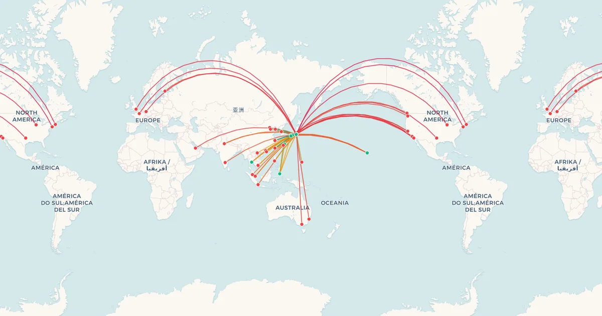 Japan Airlines's international routes on a world map Japan Airlines's international routes on a world map