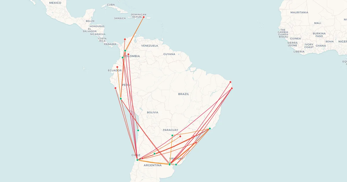JetSMART's international routes on a world map JetSMART's international routes on a world map