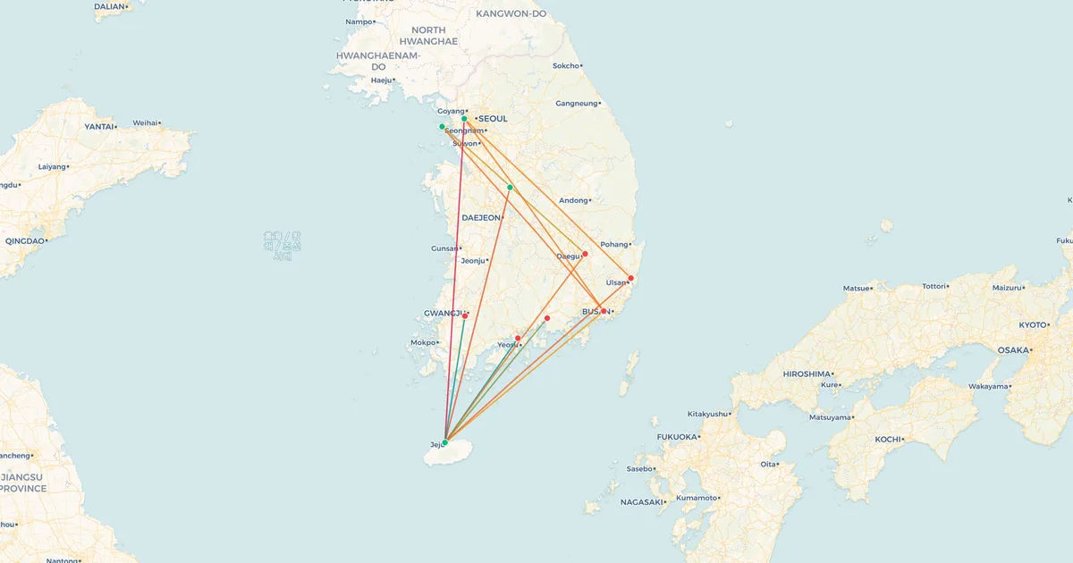 Korean Air's domestic routes on a map Korean Air's domestic routes on a map