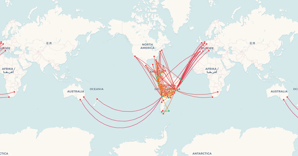 LATAM Airlines's international routes on a world map LATAM Airlines's international routes on a world map