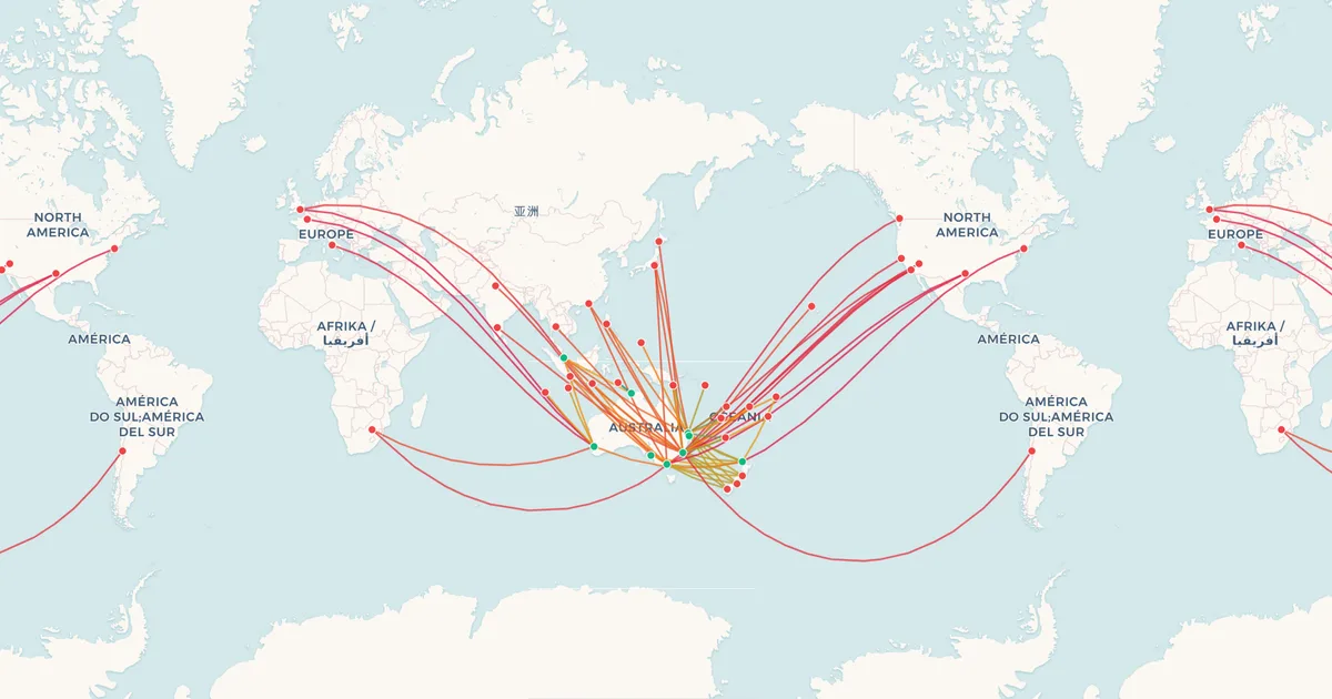 Qantas's international routes on a world map Qantas's international routes on a world map