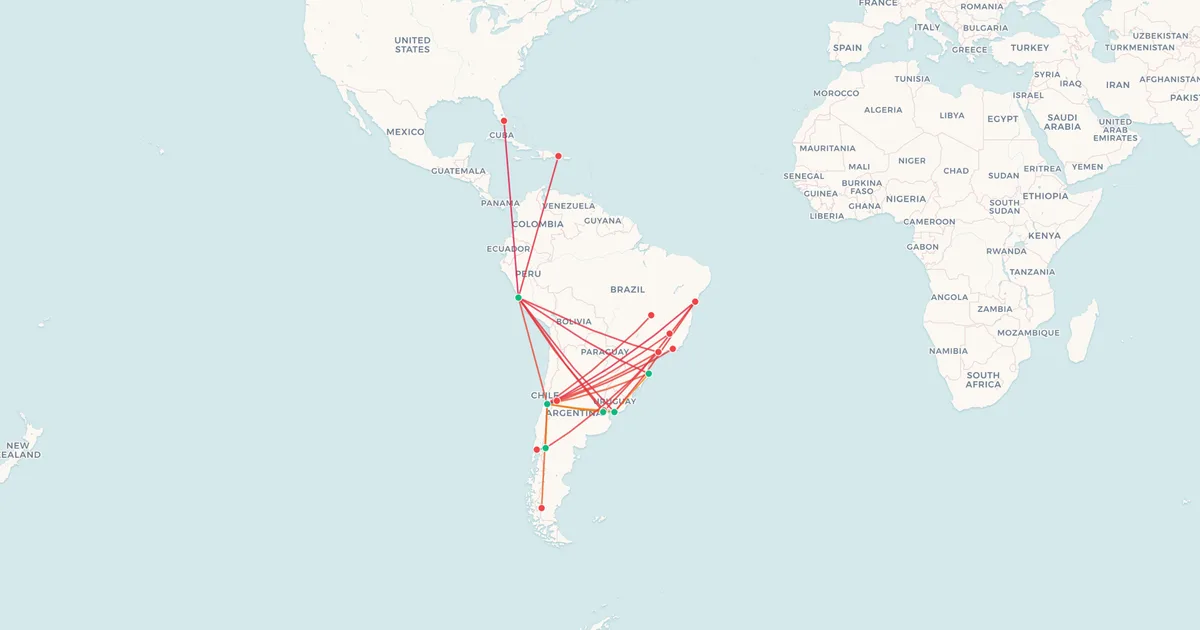 Sky Airline's international routes on a world map Sky Airline's international routes on a world map