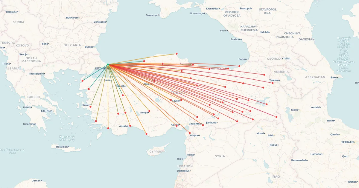 Turkish Airlines's domestic routes on a map Turkish Airlines's domestic routes on a map