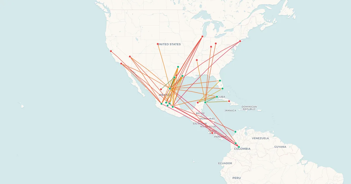 Viva Aerobus's international routes on a world map Viva Aerobus's international routes on a world map