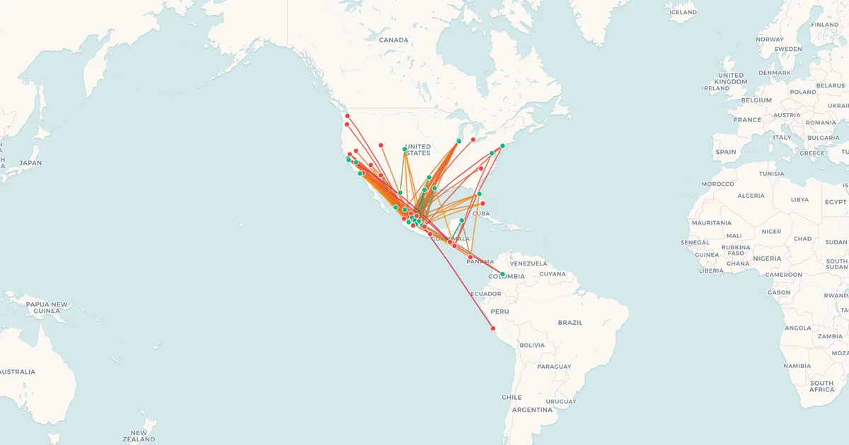 Volaris's international routes on a world map Volaris's international routes on a world map