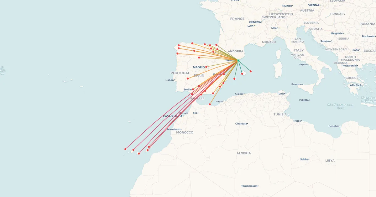 Domestic flights from Barcelona-El Prat (BCN) on a map