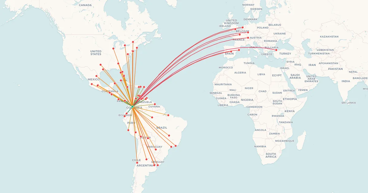 International flights from Bogotá El Dorado (BOG) on a world map International flights from Bogotá El Dorado (BOG) on a world map