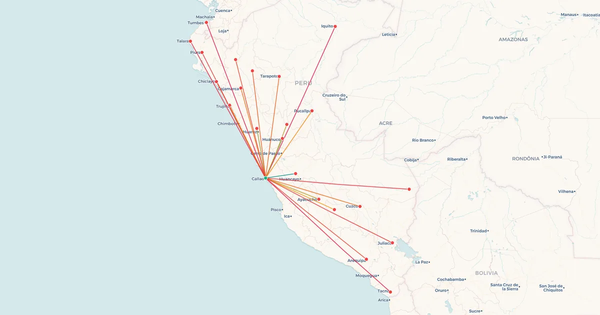 Domestic flights from Lima (LIM) on a map Domestic flights from Lima (LIM) on a map