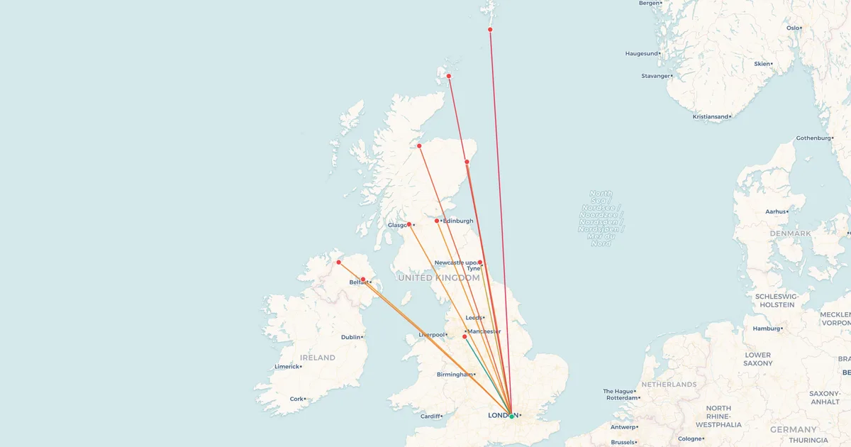 Domestic flights from London Heathrow (LHR) on a map Domestic flights from London Heathrow (LHR) on a map