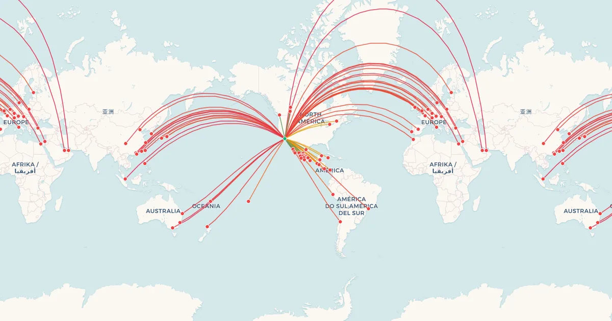 International flights from Los Angeles (LAX) on a world map