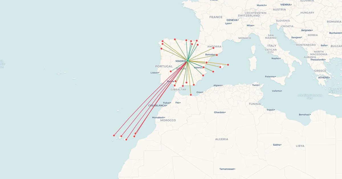 Domestic flights from Madrid-Barajas (MAD) on a map