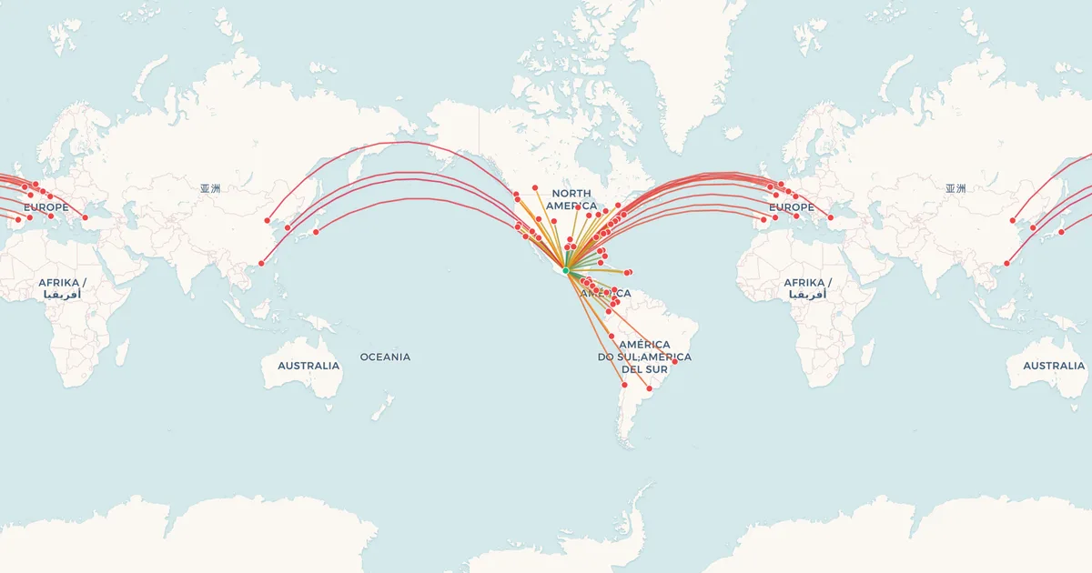 International flights from Mexico City (MEX) on a world map International flights from Mexico City (MEX) on a world map