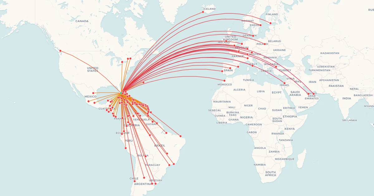 International flights from Miami (MIA) on a world map International flights from Miami (MIA) on a world map