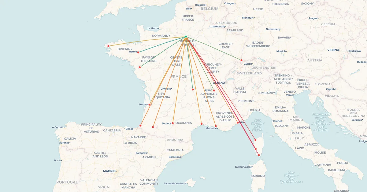 Domestic flights from Paris Charles de Gaulle (CDG) on a map Domestic flights from Paris Charles de Gaulle (CDG) on a map