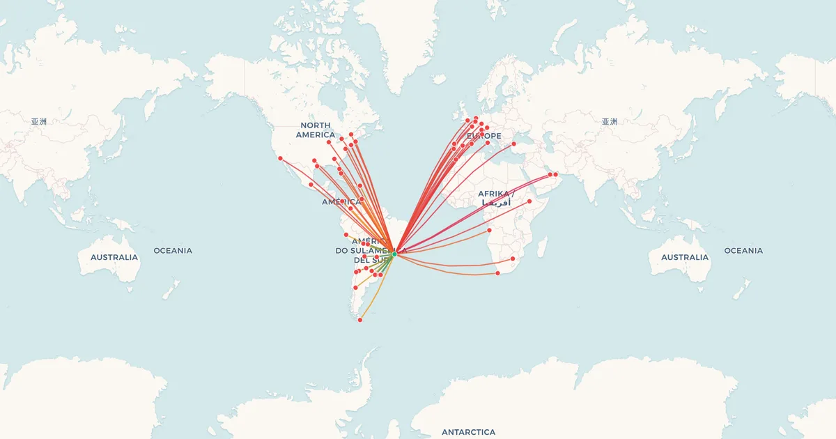 International flights from São Paulo-Guarulhos (GRU) on a world map International flights from São Paulo-Guarulhos (GRU) on a world map