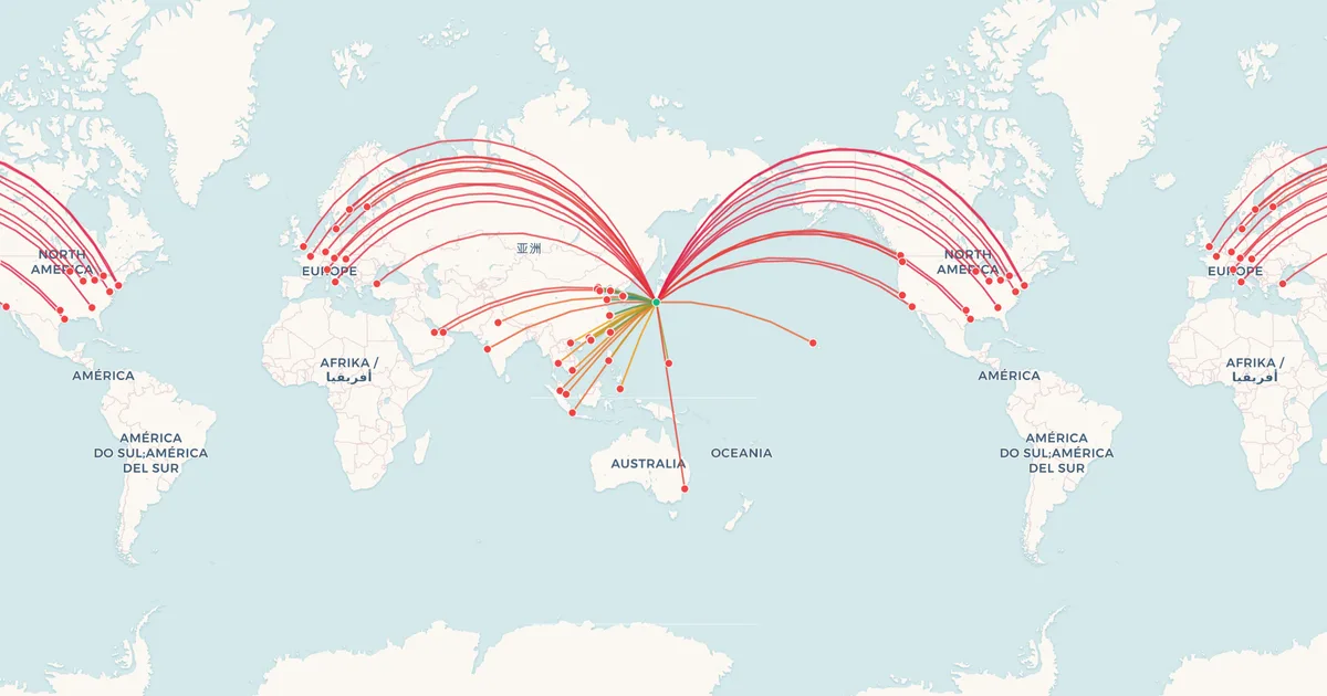 International flights from Tokyo Haneda (HND) on a world map International flights from Tokyo Haneda (HND) on a world map