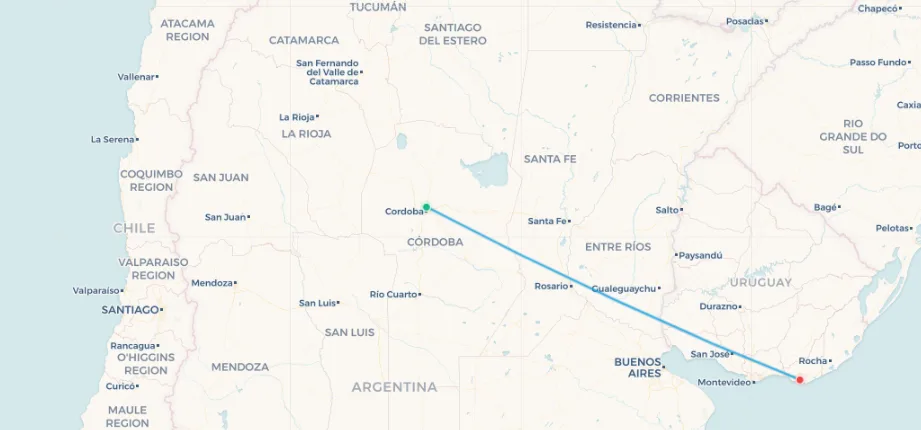 Aerolíneas Argentinas Córdoba to Punta del Este route map