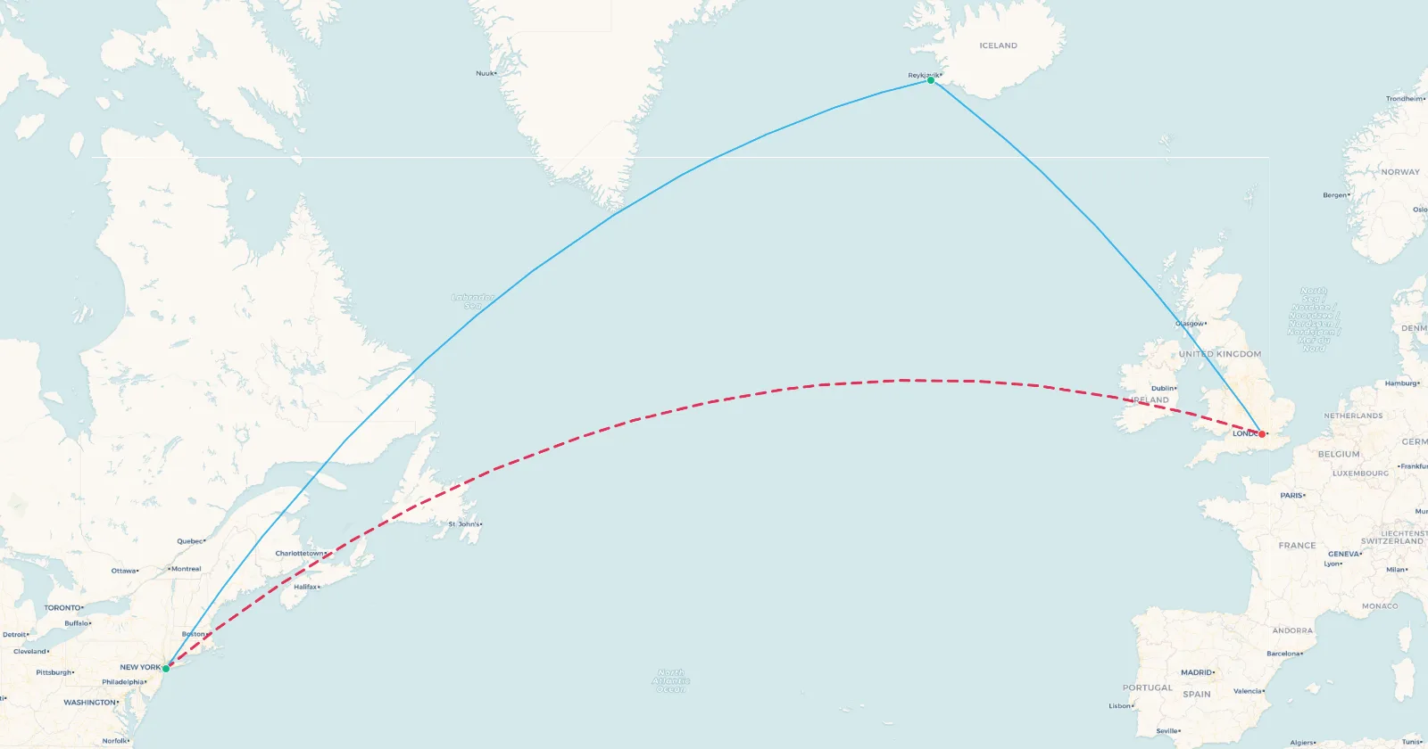 Map comparing New York to London direct against the routing via Reykjavik, showing how little distance the Iceland stop adds