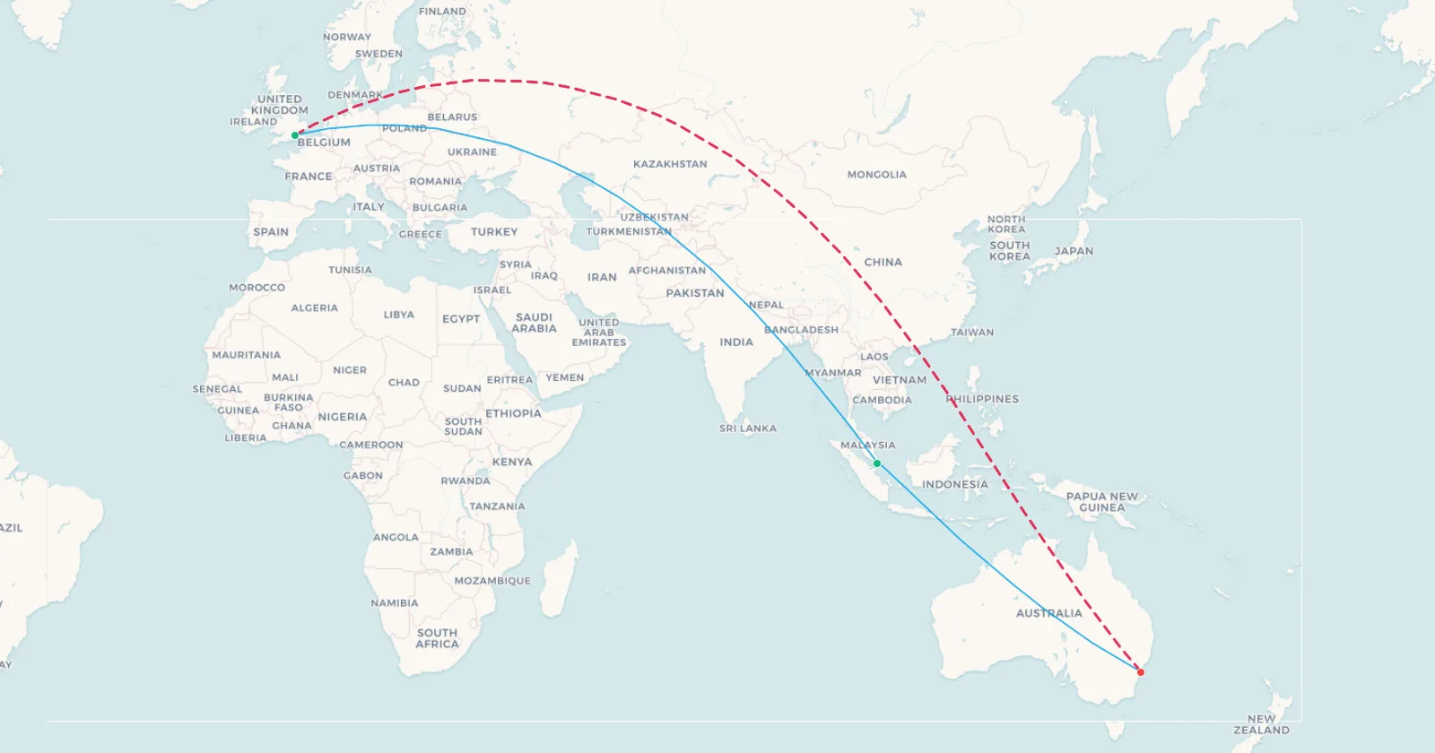 Map comparing London to Sydney direct against the routing via Singapore