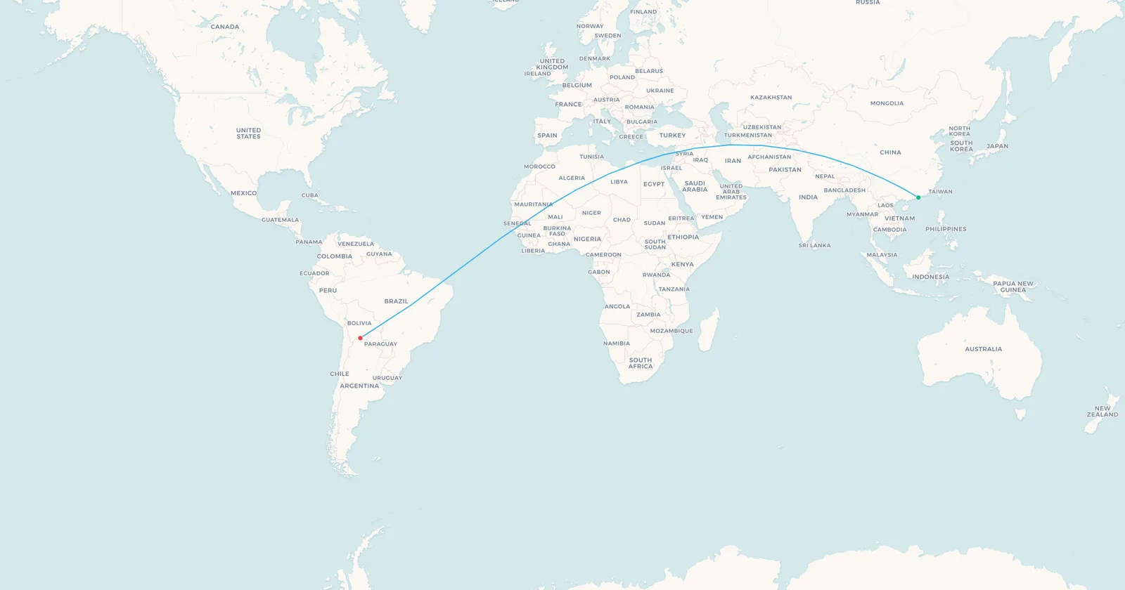 World map of the Hong Kong to Tarija great circle, southern China to southern Bolivia