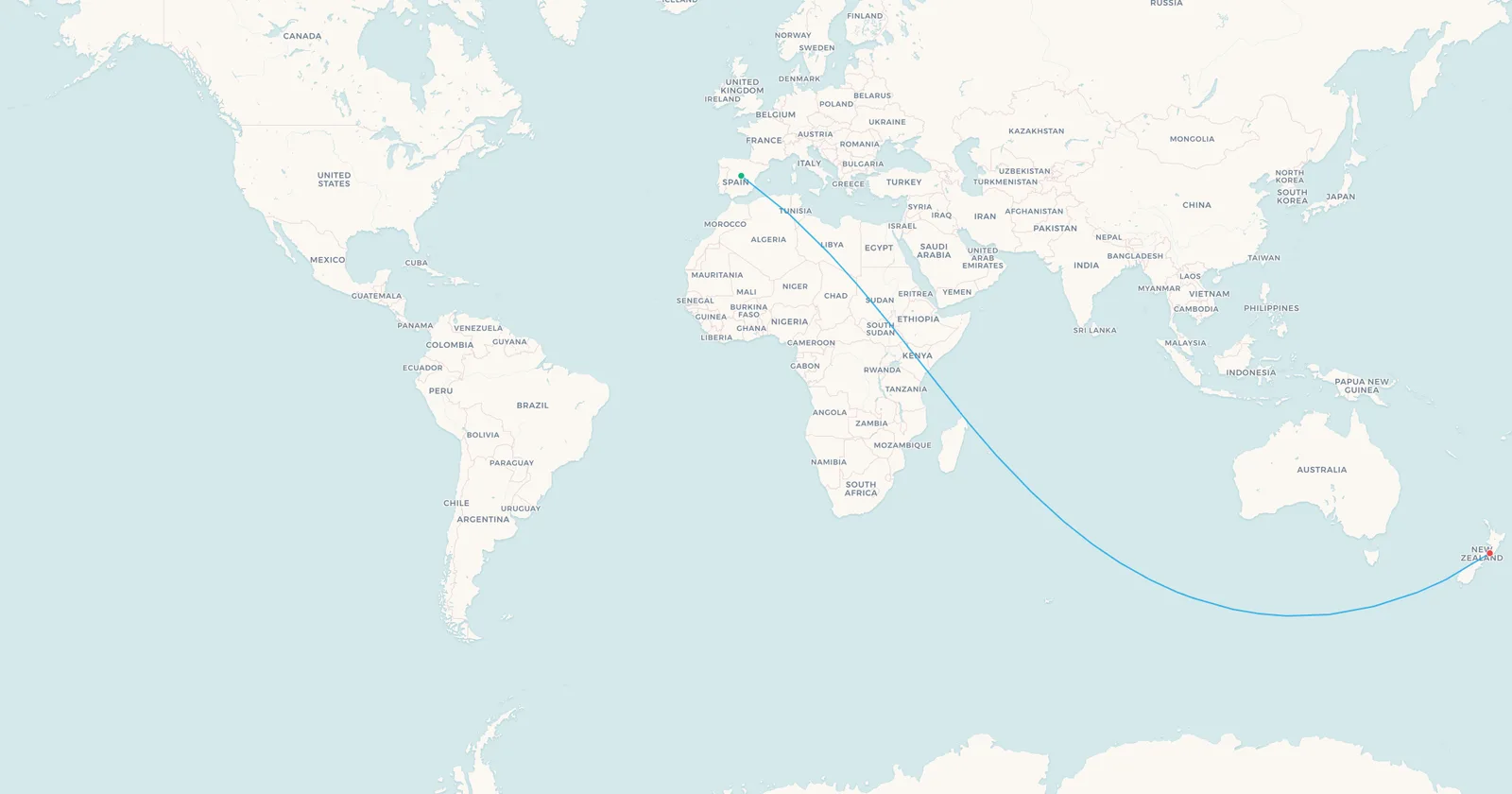 World map of the Madrid to Wellington great circle, running south across Africa and the Indian Ocean to New Zealand, 19,848 km