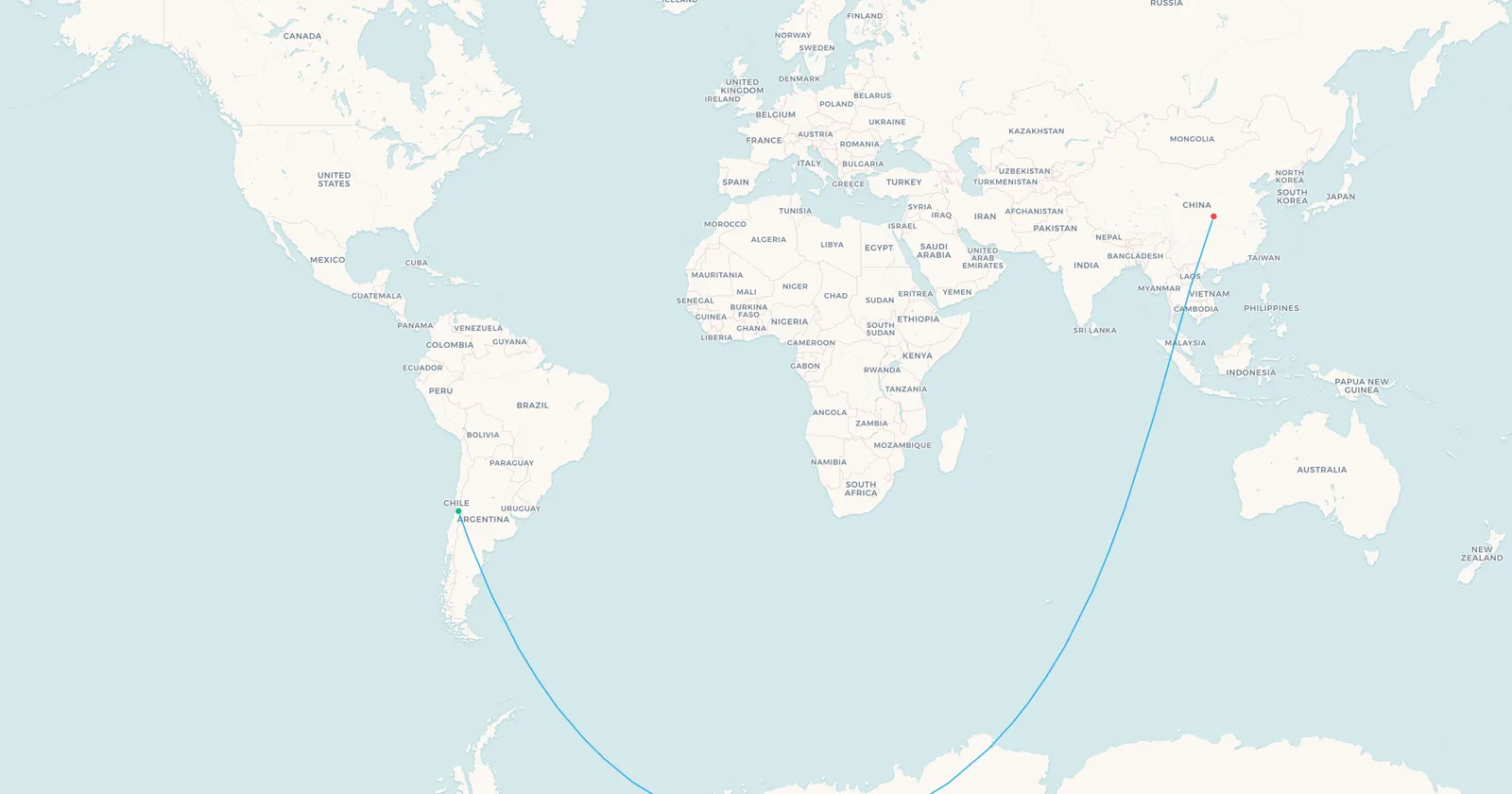 World map of the Santiago to Ankang great circle, Chile to central China