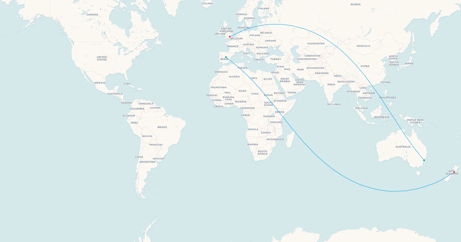 World map comparing the Sydney to London great circle with the far longer Madrid to Wellington one