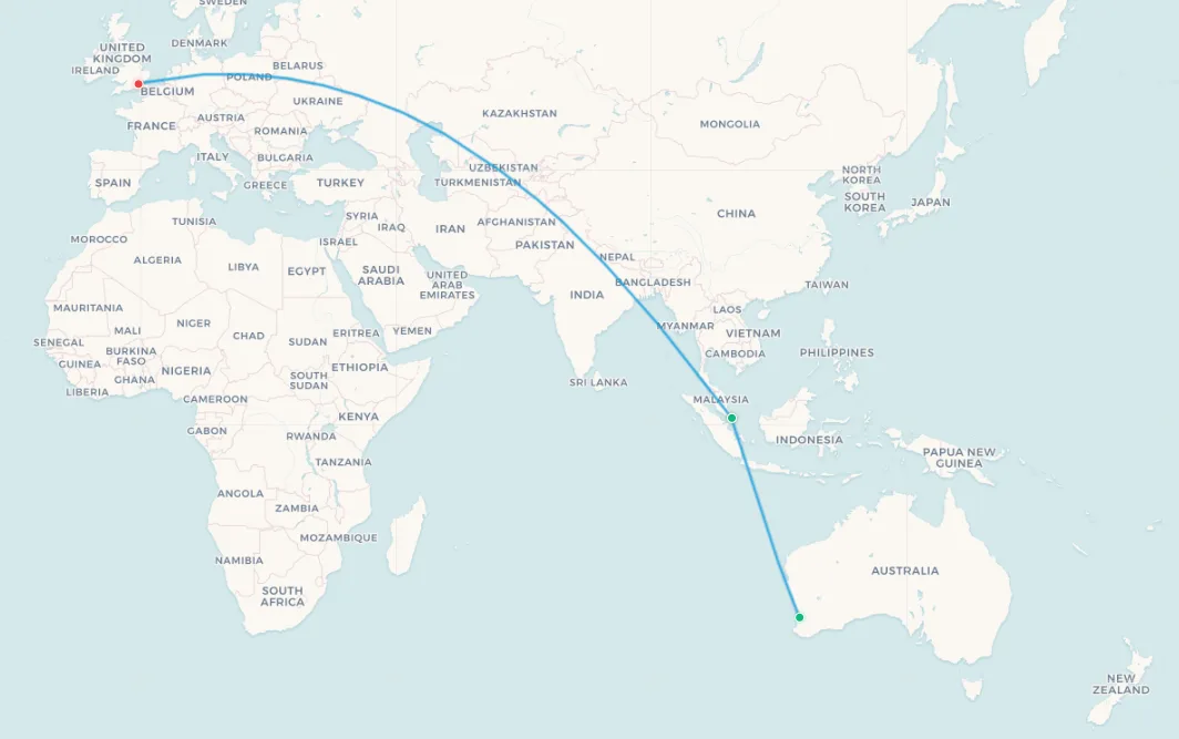 Perth to London direct route map