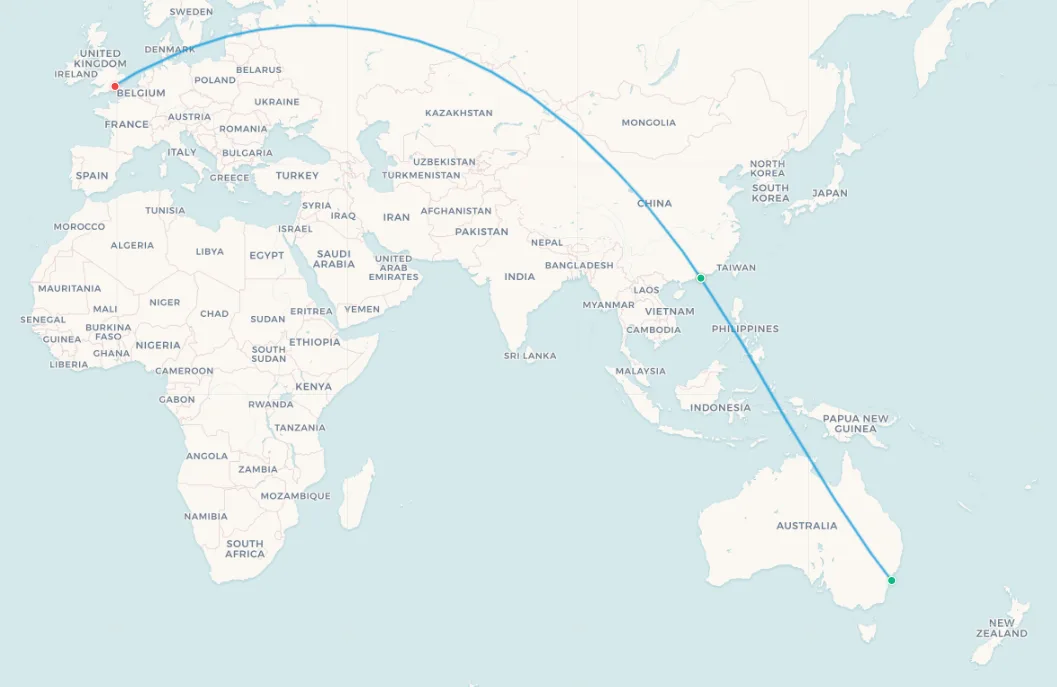 Sydney to Hong Kong route map