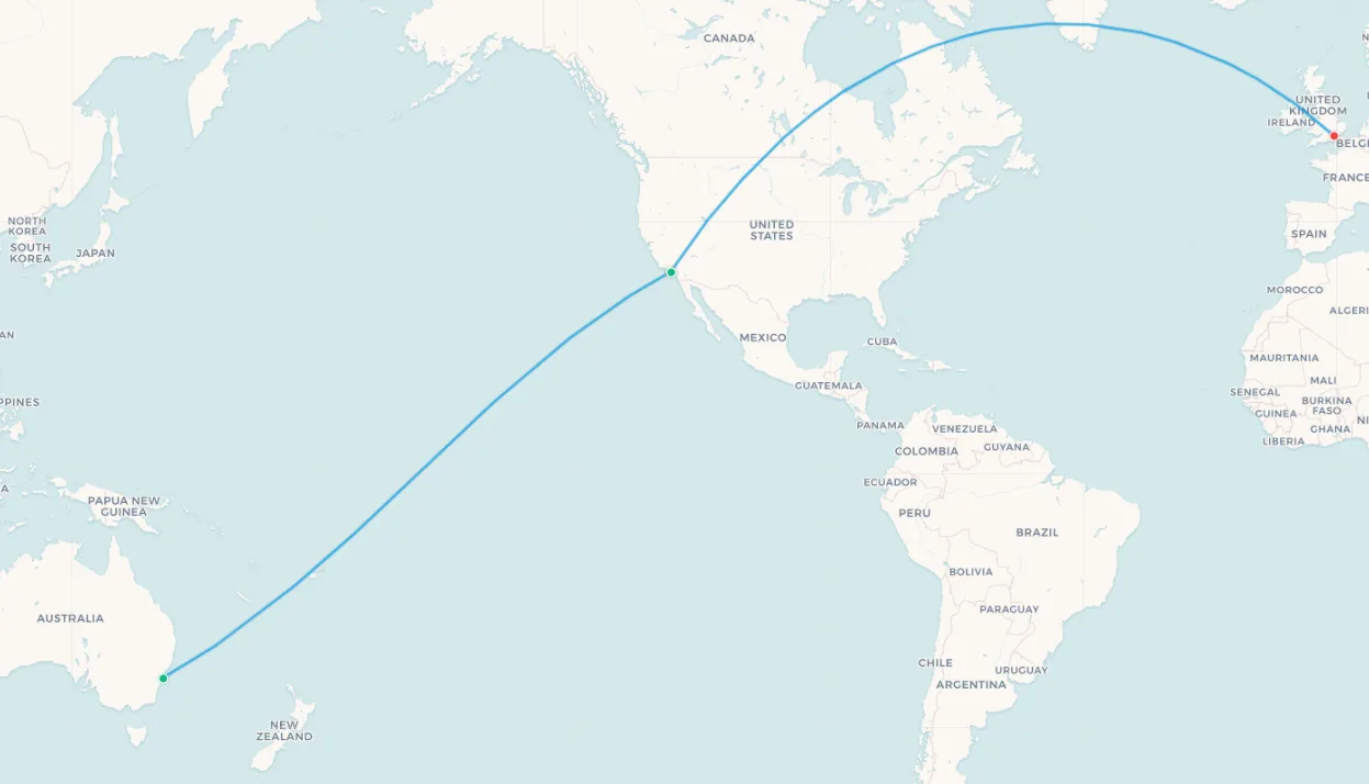 Sydney to Los Angeles route map
