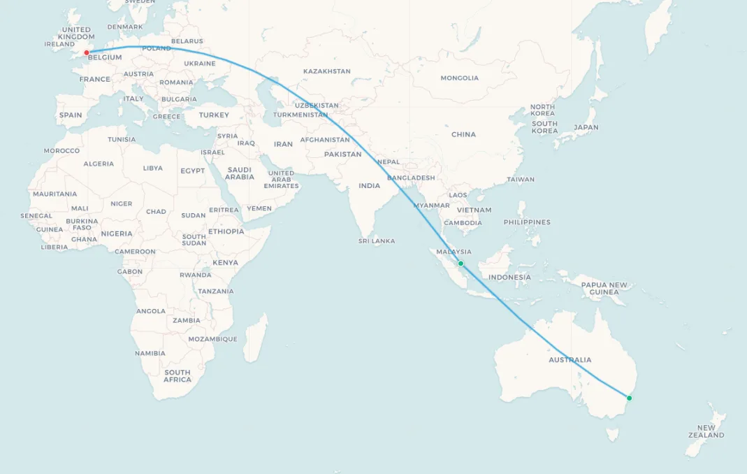 Sydney to London Kangaroo Route via Caucasus corridor map