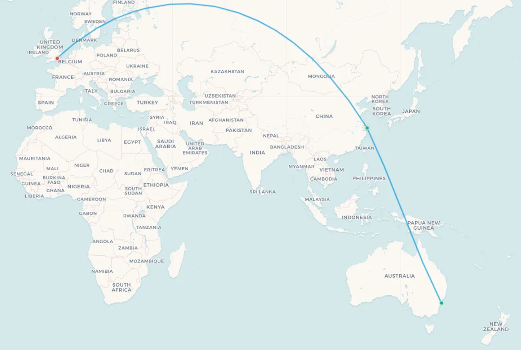 Sydney to Shanghai route map