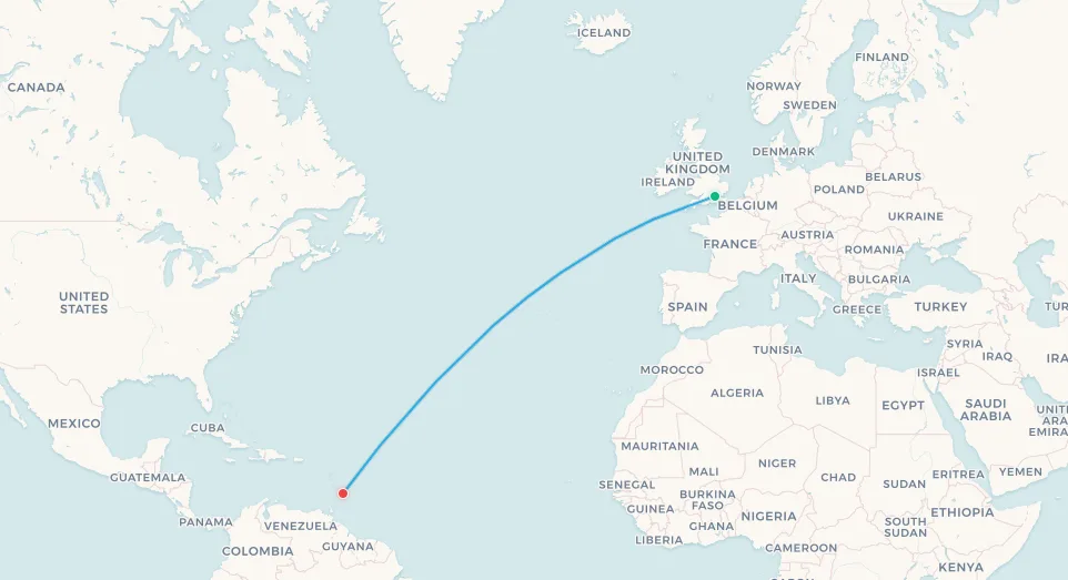 Mapa de la ruta del Concorde de British Airways: Londres Heathrow a Barbados