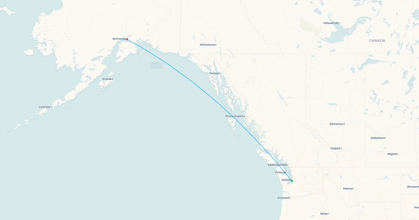 Map of the Seattle to Anchorage flight route across the British Columbia coast and up the Gulf of Alaska