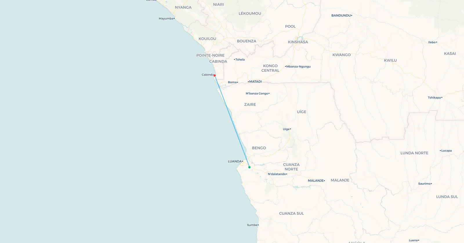 Map of the Luanda to Cabinda flight route across the DR Congo coastal strip