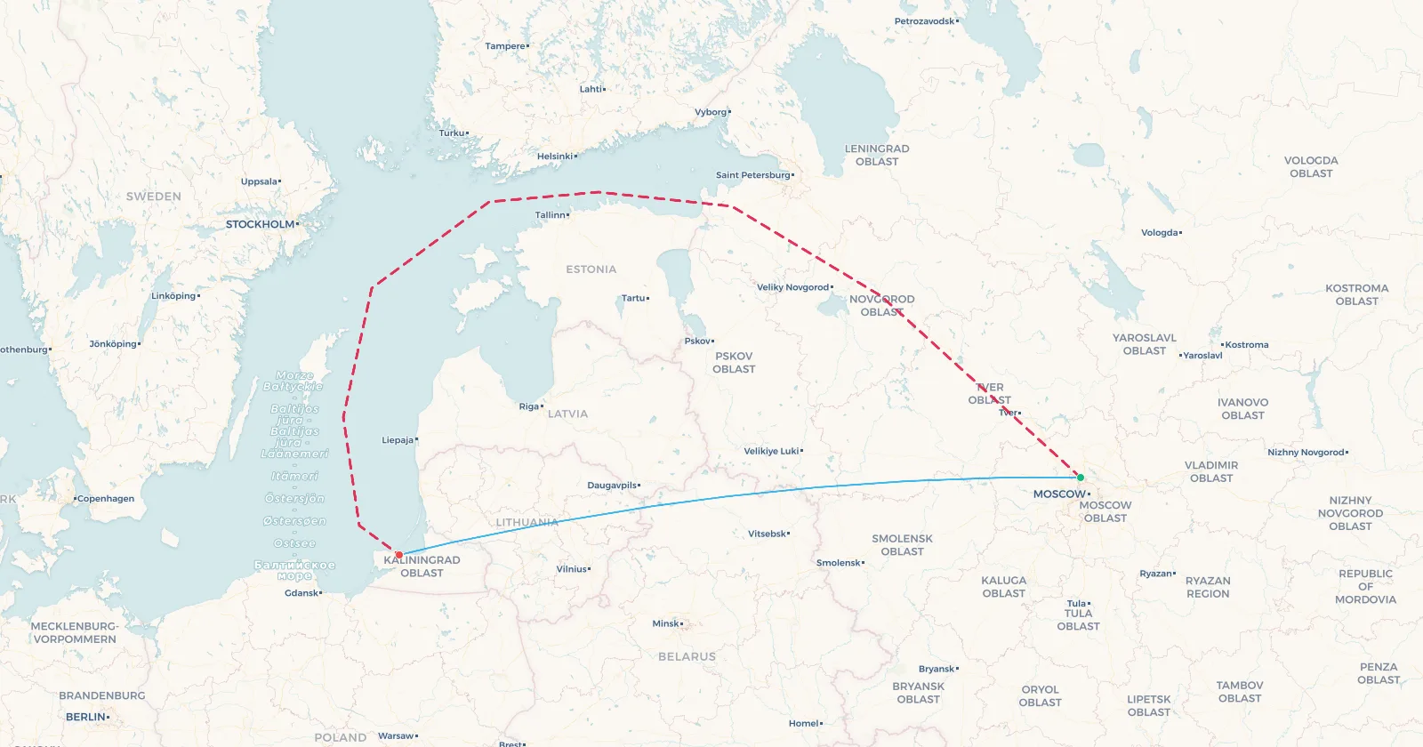 Map of the Moscow to Kaliningrad flight route: the straight line crosses Belarus and Lithuania, and the dashed line shows the routing actually flown since 2022, north through the Gulf of Finland and south down the Baltic