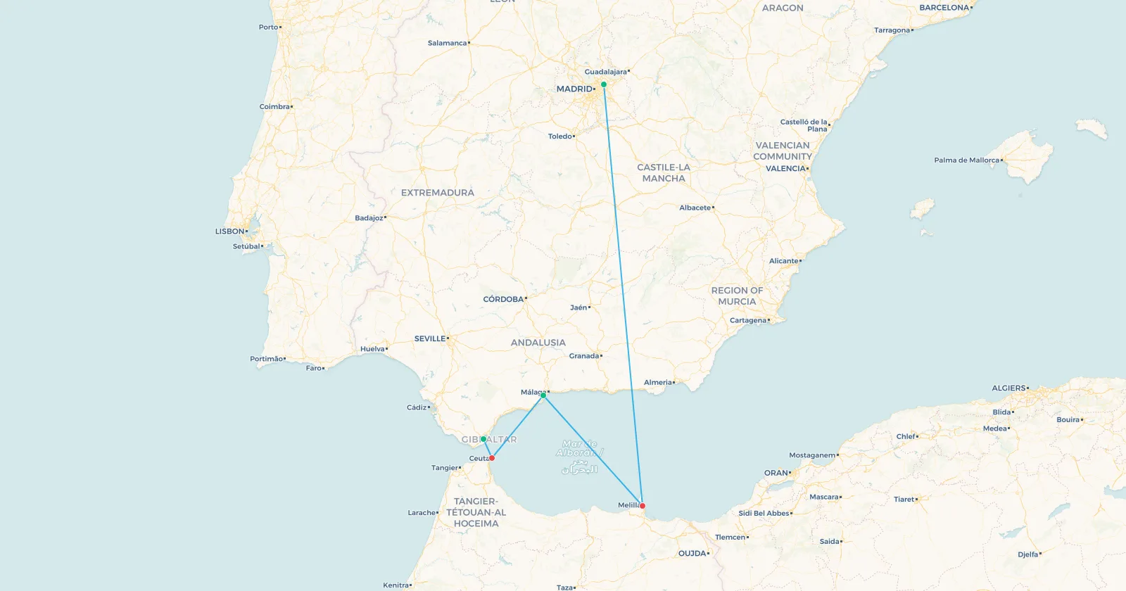 Map of the flights from Madrid, Málaga and Algeciras to Melilla and Ceuta on the African coast