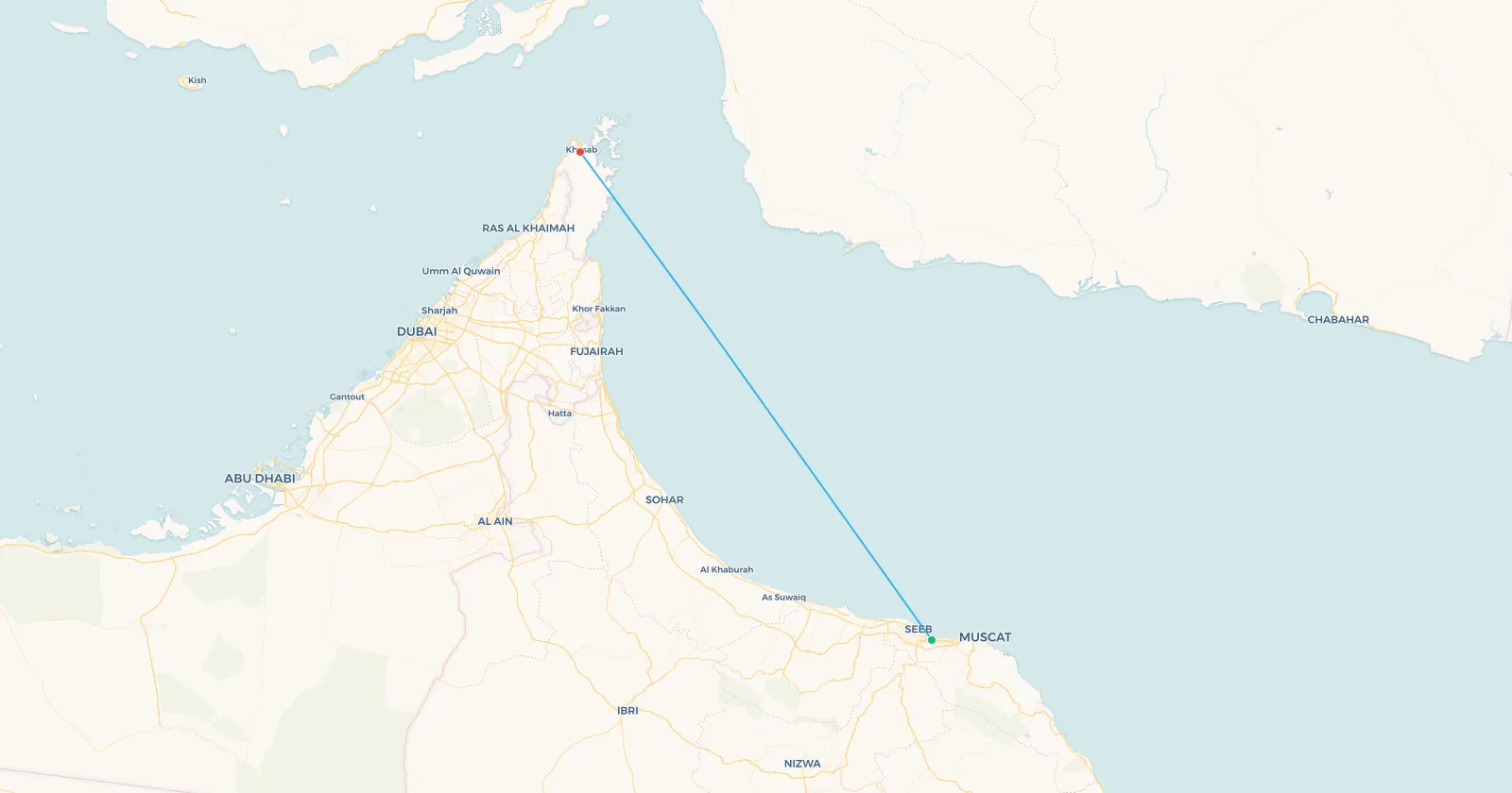 Map of the Muscat to Khasab flight route across the United Arab Emirates to the Musandam peninsula